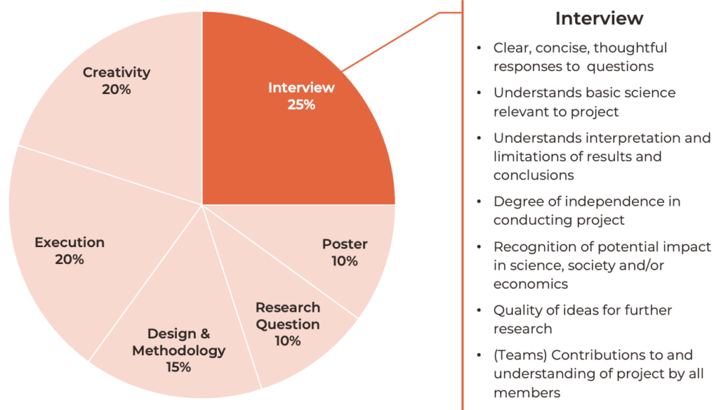 a pie chart showing that the interview is 25% of the score. The judges look for the following during the interview: (1) Clear, concise, thoughtful responses to questions, (2) ﻿﻿Understanding of basic science relevant to project, (3) ﻿﻿Understands interpretation and limitations of results and conclusions, (4) ﻿﻿Degree of independence in conducting project, (4) ﻿﻿Recognition of potential impact in science, society and/or economics, and (5) ﻿﻿Quality of ideas for further research. For team projects, they look at contributions to and understanding of project by all members.