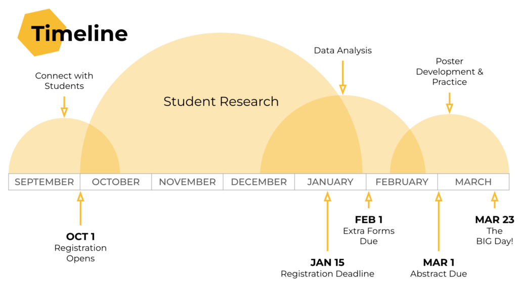 Timeline showing a typical school year. September: Connect with students. October through January: Student Research. January through February: Data analysis. March: develop poster and practice presenting.